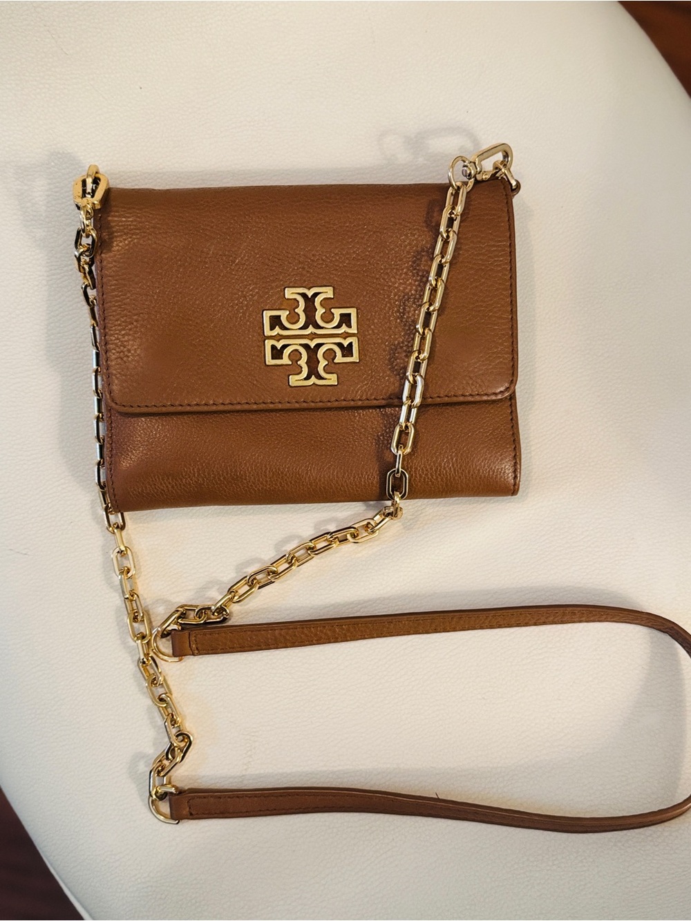 Tory Burch Britten Chain Tan Leather Crossbody with Gold Chain and Logo
